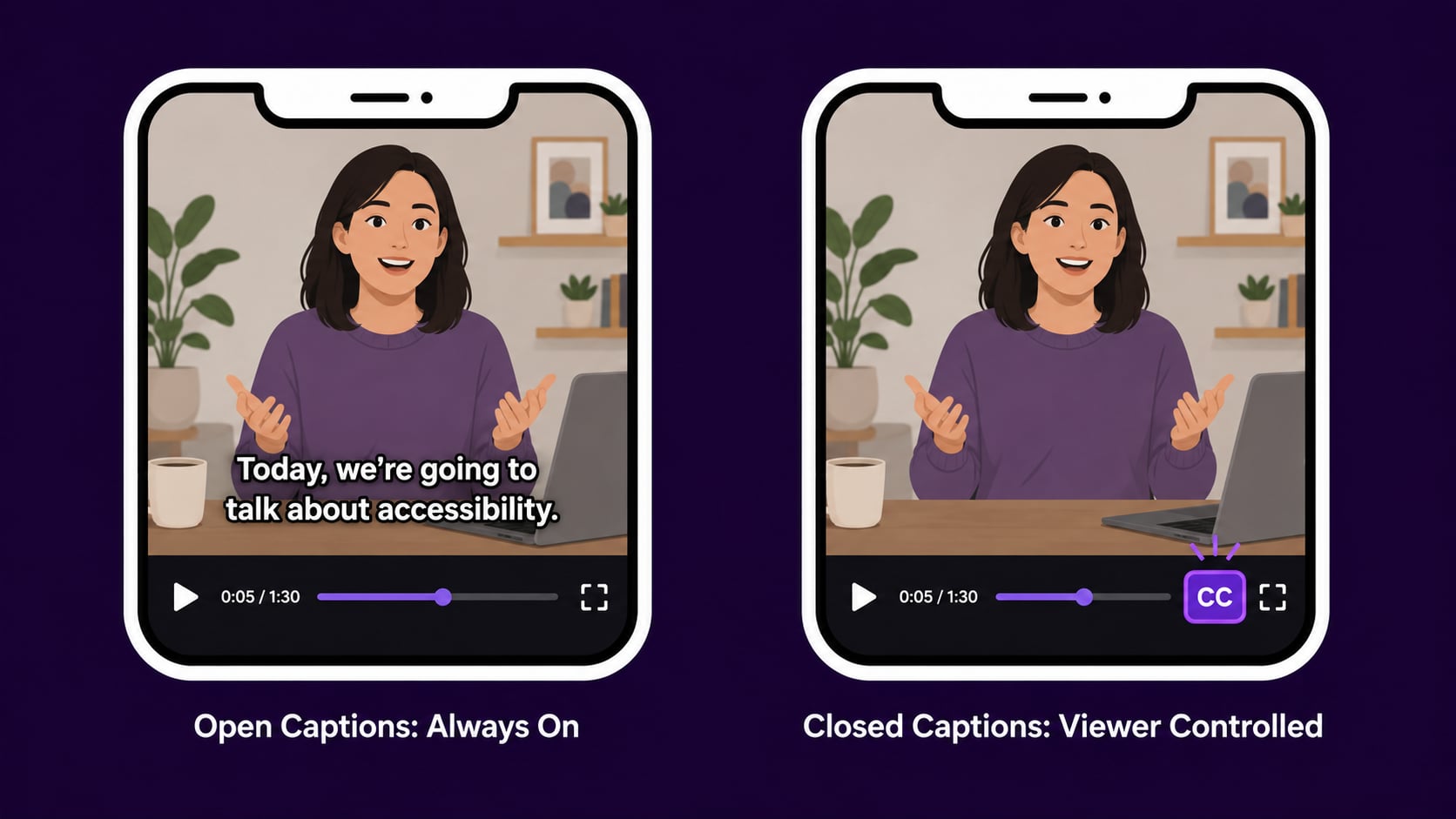 Open captions vs closed captions visual comparison